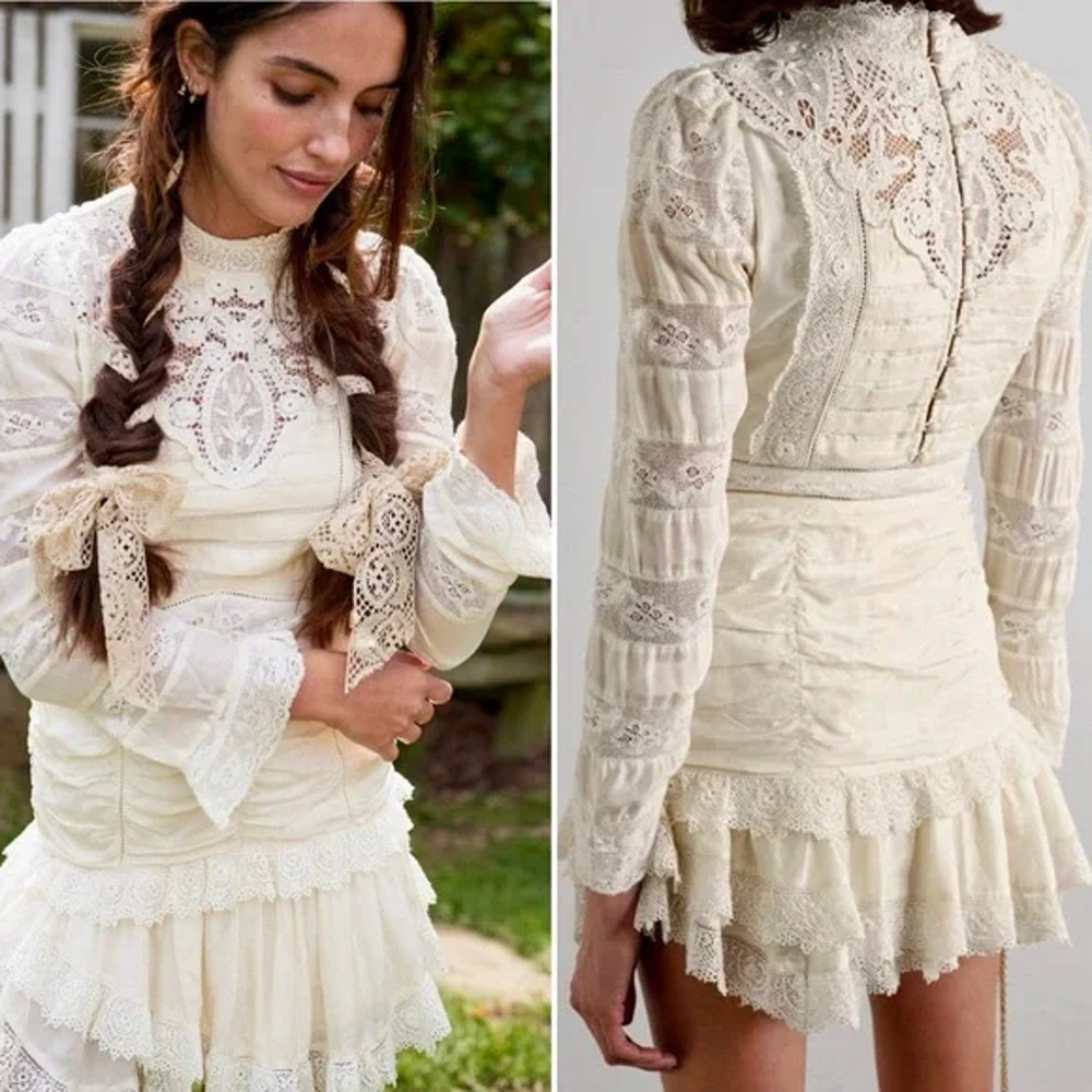 Loveshackfancy Harmon Silk Victorian High Neck Lace Mini Dress White Cream Sz 10 - Picture 2 of 16